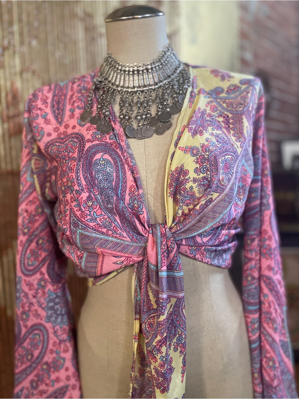 Paisley Tie-Front Crop Top - Pink & Yellow, Belle sleeves